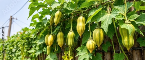 Bitter melon vines climbing a wire fence, lush green foliage and immature fruits, detail, homegrown