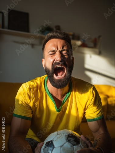 Brazilian football fan celebrating during victory at home wearing yellow jersey