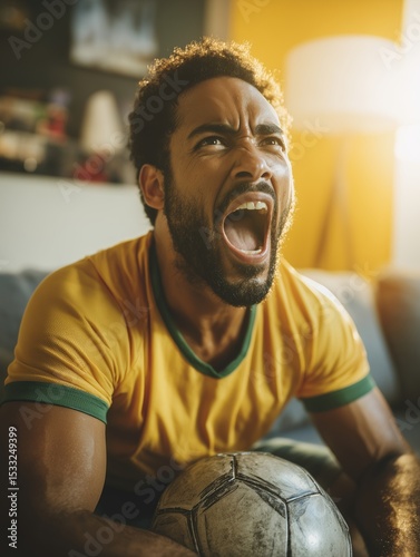 Brazilian football fan shouting during goal at home wearing yellow jersey