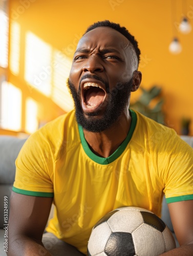 Brazilian football fan reacting during victory indoors wearing yellow jersey