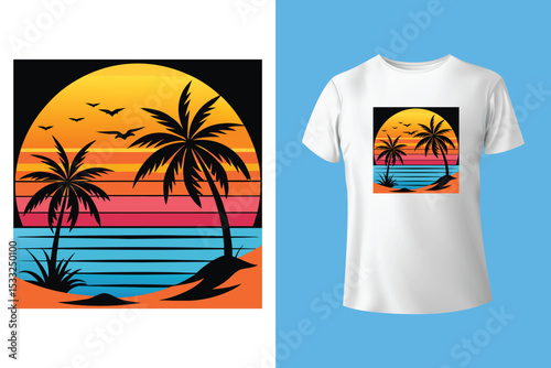 Tropical Surf Design: Vibrant graphic of a tropical paradise, featuring palm trees, surfboard, ocean waves, and the sun, ideal for summer or travel themed designs. 