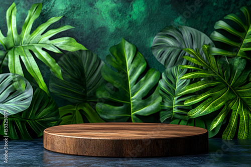 Wooden podium surrounded by lush green tropical leaves.