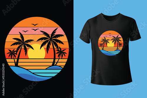 Sunset Paradise: A vibrant graphic illustration showcasing a tropical beach scene on a t-shirt, inviting the serene beauty of a sunset paradise into your everyday life.