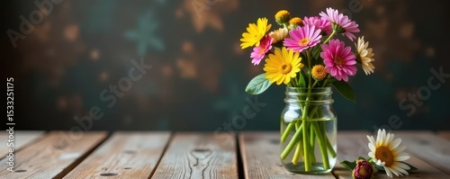 Freshly picked wildflowers in a mason jar on a rustic wooden table, scene, flowers