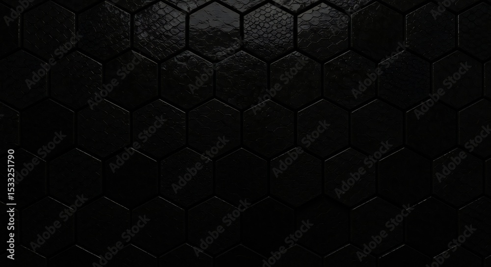 Textured black hexagonal tiles, high gloss finish, dramatic lighting emphasizing reflections, modern minimalism, close-up perspective. Textured black hexagonal tiles, high gloss finish, dramatic lighting emphasizing reflections, modern minimalism, close-up perspective.