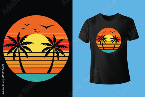 Coastal Vibes Tee Design: Sun-kissed palms grace a beach tee, capturing the essence of a breezy seaside escape, inviting a tranquil mood for a perfect coastal sunset