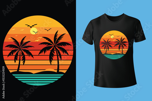 Sunset beach design: A stylish graphic design showcasing a tropical beach scene at sunset, complete with palm trees, the sun, and the ocean.