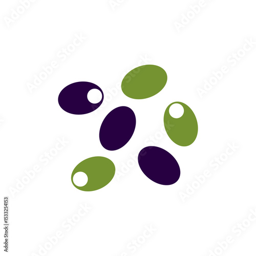 Colorful illustration of olives scattered on a white background highlighting their different shapes and colors