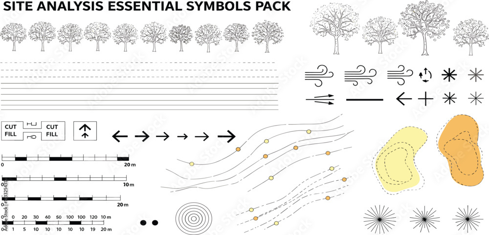 landscape architecture site analysis symbol icon element drawing graphic flat isolated vector. urban design element drawing