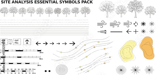 landscape architecture site analysis symbol icon element drawing graphic flat isolated vector. urban design element drawing