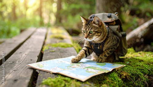 Curious cat explorer clad in tiny backpack meticulously examined weathered map in lush forest, embodying spirit of adventure and discovery