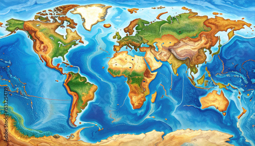 Detailed map of world showcases Earth intricate crust, revealing layers of minerals and geographical features high fidelity. This vibrant representation highlights continents, oceans