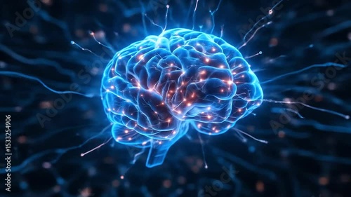 A futuristic 3D holographic brain floating in a digital void with glowing neural connections and a dark cyberpunk background