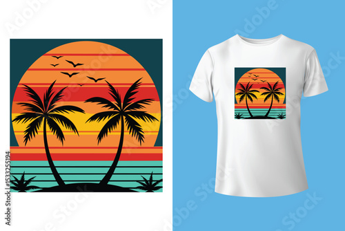 Sunset Palms Silhouette: A captivating design features palm trees under a vibrant sunset. This scene embodies the tranquility of a tropical paradise.