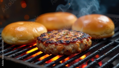 Sizzling patty and toasted buns on a red hot barbecue grill flame, barbecue, burger, toasty