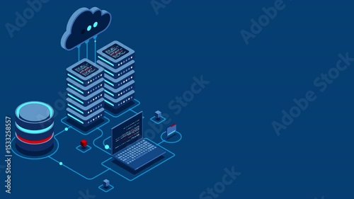 Cloud technology computing animation. Modern cloud technology. Data center isometric concept. Isometric cloud technology with datacenter. Web hosting concept. 4K video animated in isometric style