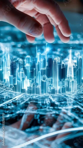 Human hand interacts with glowing holographic city map as camera pushes in on rising buildings. 4K.
