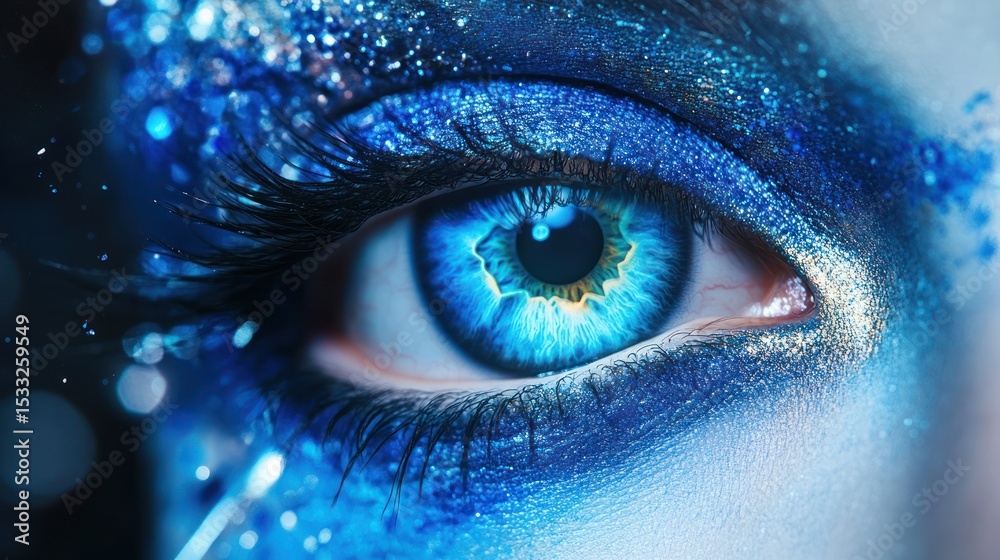 Obraz premium A beautiful blue eye with glamorous sparkling eyeshadow makeup details
