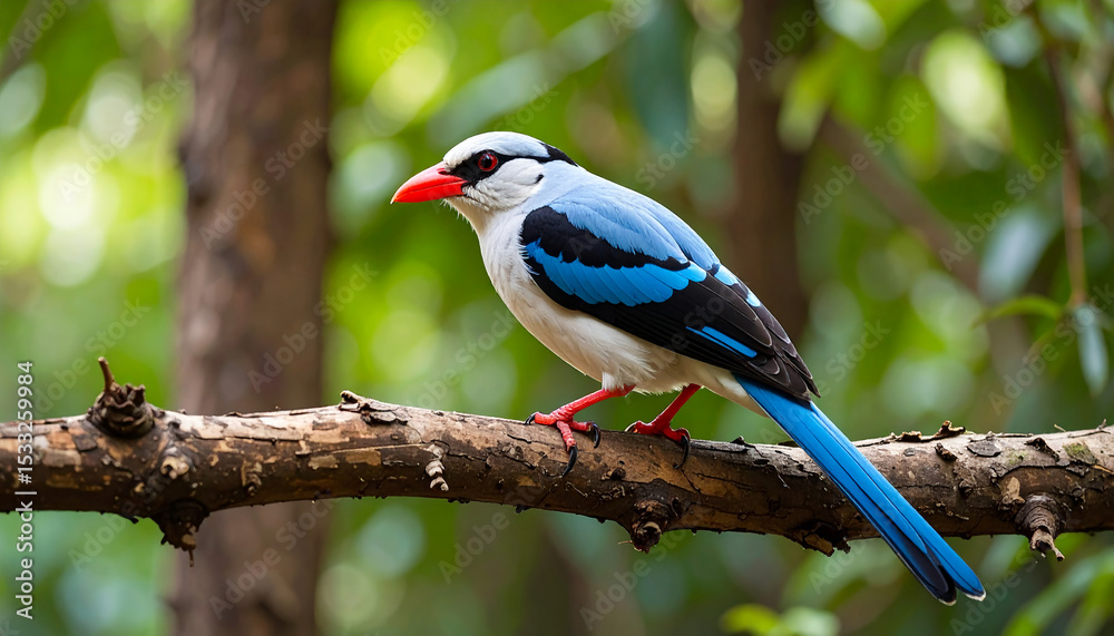 Obraz premium Red-billed blue magpie perched on a tree branch in the forest