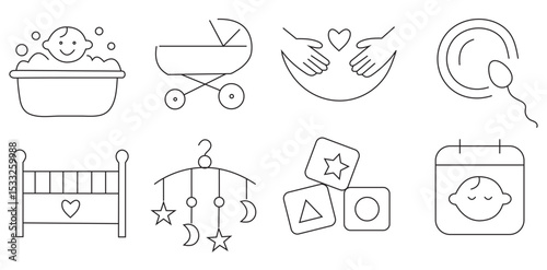 Baby Care Line Icons Set – Minimalist Infant Essentials Outline Collection