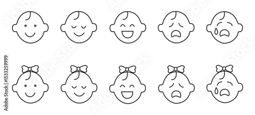 Baby Face Expressions Icon Set – Outline Emotions of Boys and Girls