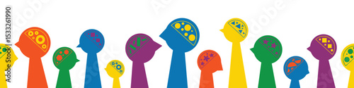 Silhouettes of various brain structure seamless banner. Neurodivergent spectrum awareness concept. Different heads, minds and thinking. Cognitive differences inclusion vector flat illustration.