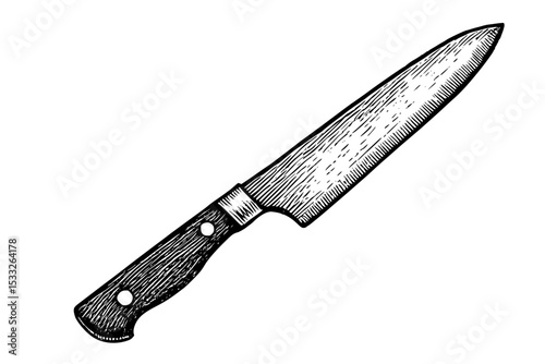 Detailed cooking knife black and white outline drawing in vintage design style