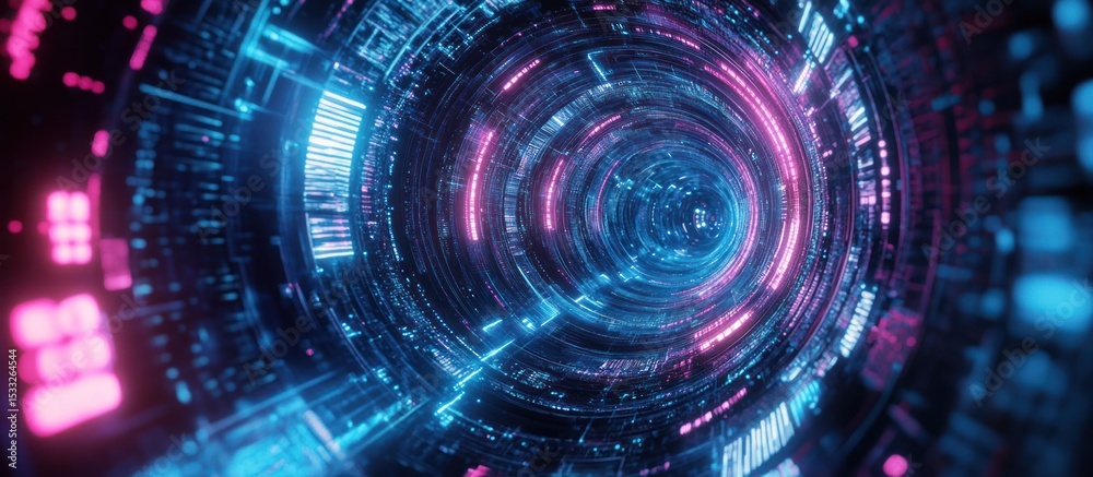 Fototapeta premium A futuristic tunnel displays a glowing digital and colorful interior