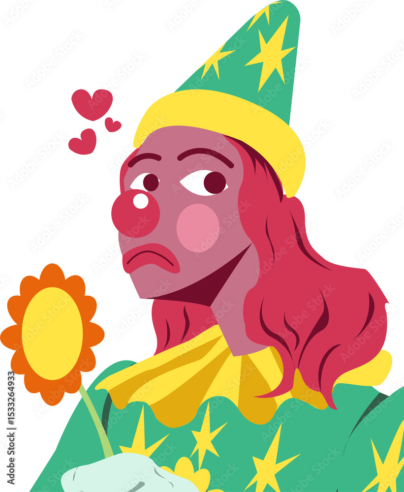 Naklejka premium Cartoon clown in green star hat with floating hearts is holding sunflower, transparent background