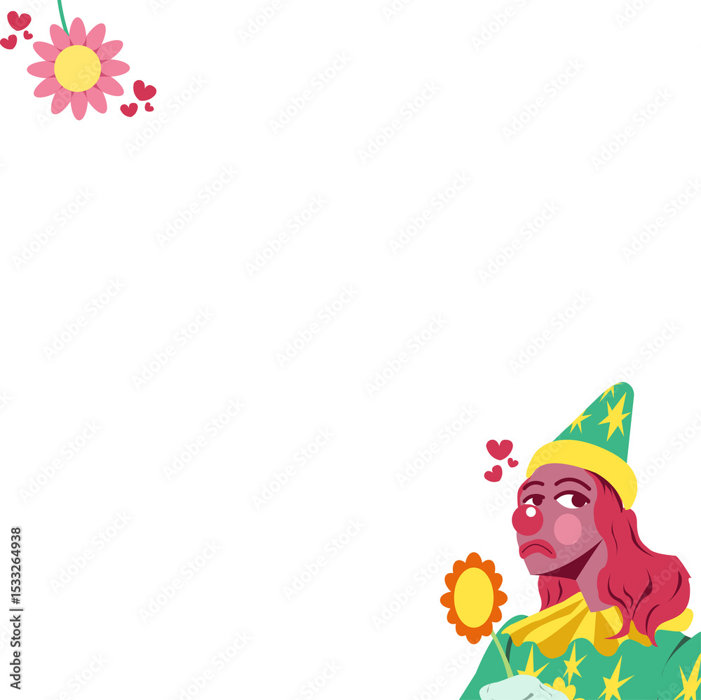 Obraz premium Solemn clown is holding flower on transparent bg showing star hat hearts and sparkles, copy space