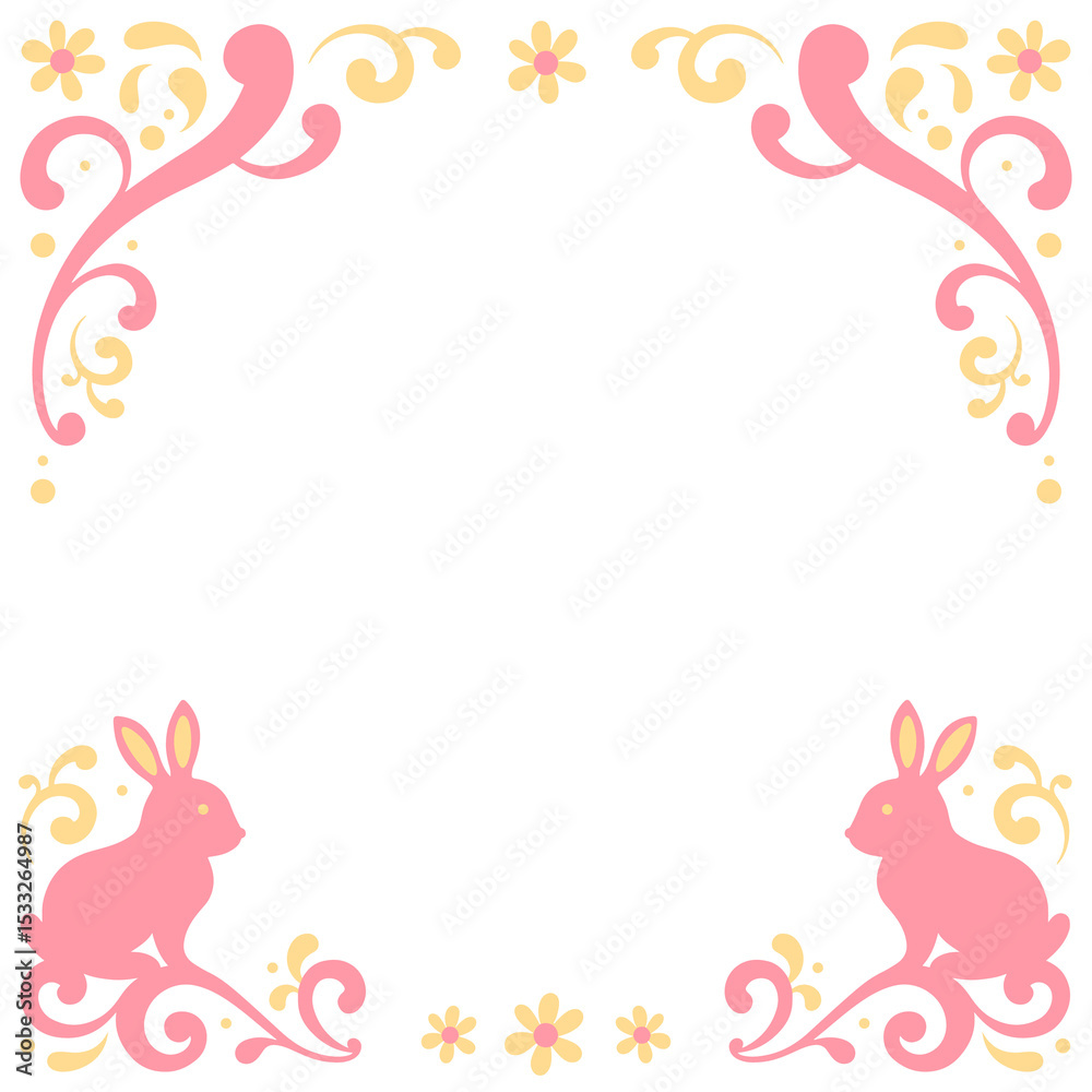 Obraz premium Floral rabbit frame is appearing in flat design, pastel swirls and flowers, transparent background