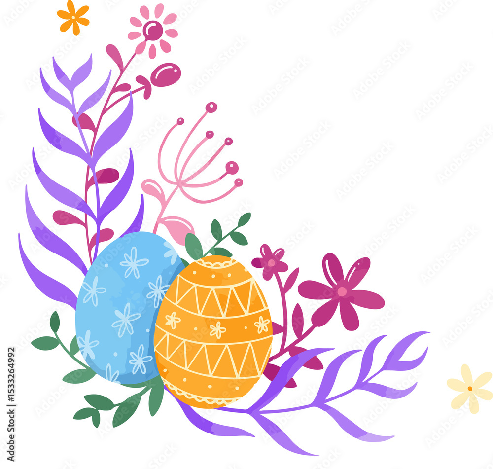Fotobehang Eieren Featuring flat design two decorated eggs in stylized floral corner wreath on transparent background #1533264992