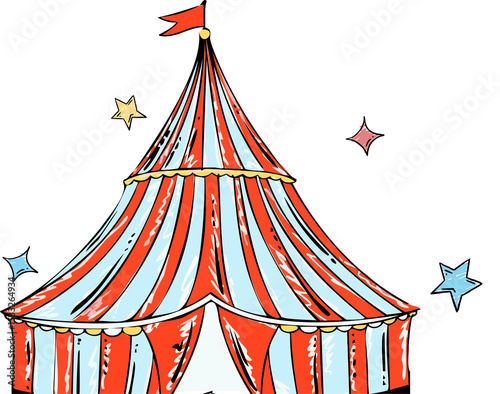 Showing handdrawn red striped circus tent on transparent backdrop fluttering pennant stars sparkles