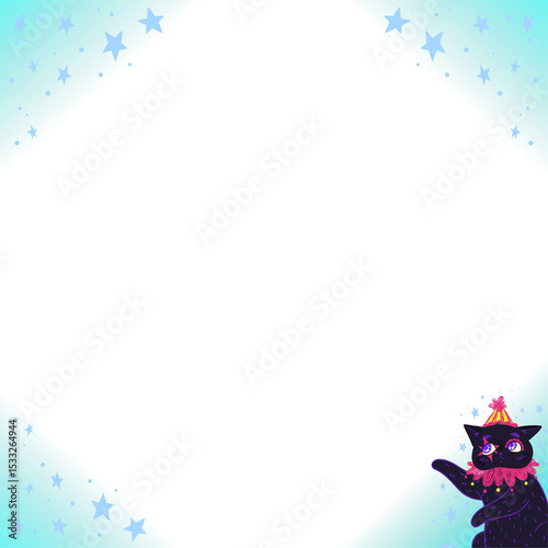 Fototapeta Naklejka Na Ścianę i Meble -  Stylized cartoon cat is peeking from starry flat design frame on transparent background, copy space