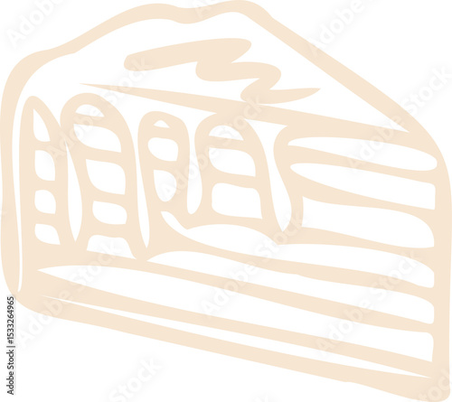 stylized cream-colored line art is depicting layered cake wedge with icing, transparent background