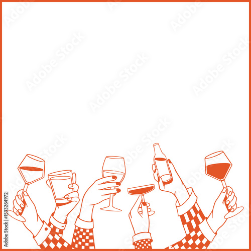 Flat design arms are raising wine glasses, tumbler, coupe  and  beer bottle on transparent backgroun