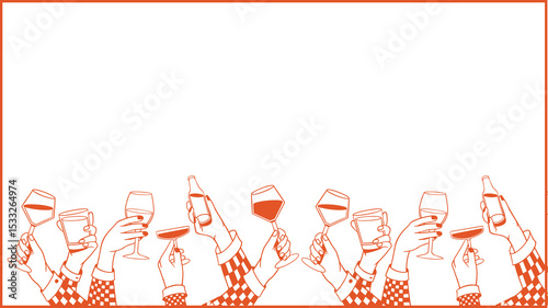 Hands are holding wine cocktail glasses, tumblers, beer bottles in vector on transparent background