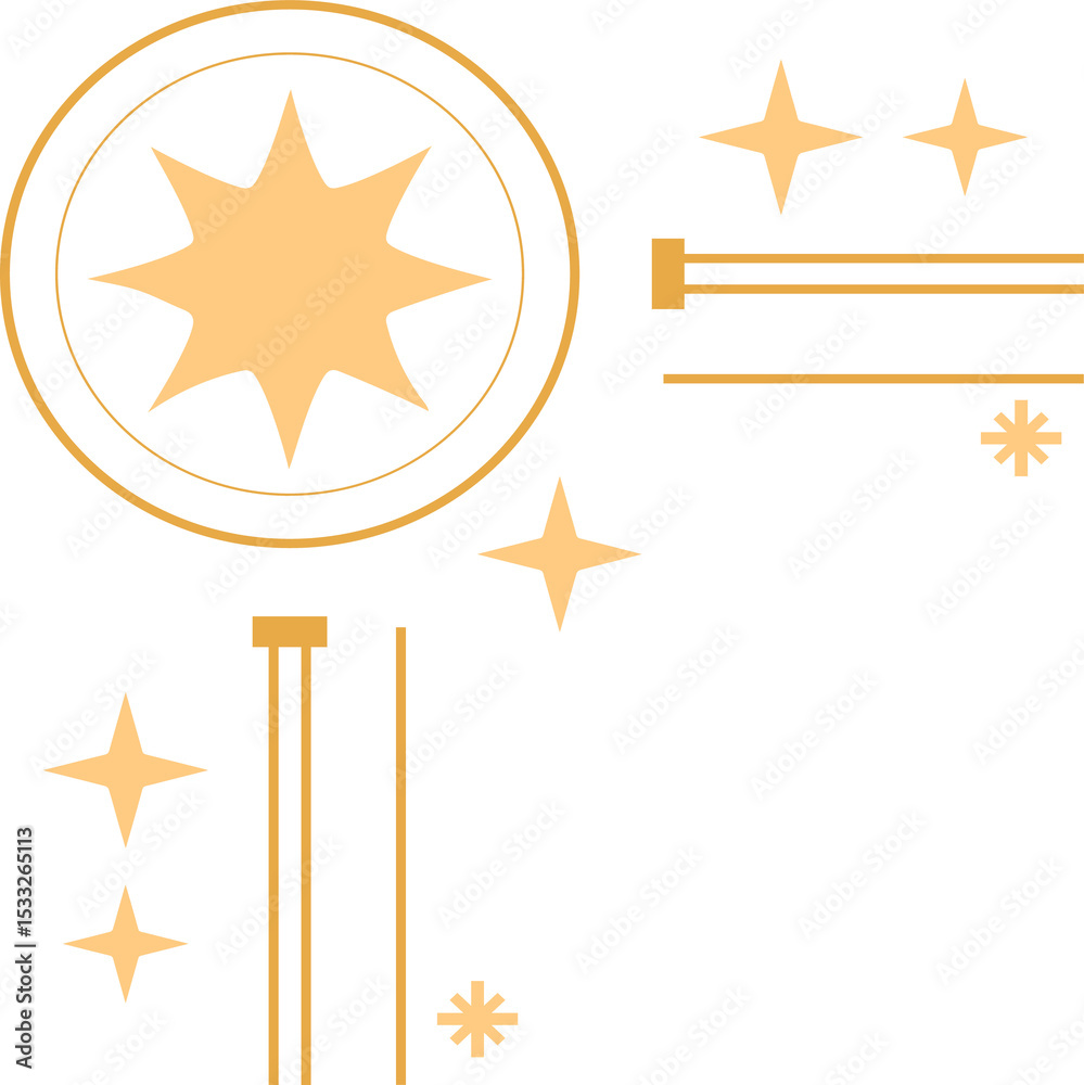 Obraz premium Floating eight-pointed star in concentric circles with sparkle motifs, lines on transparent canvas