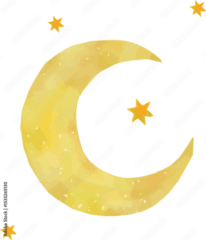 Obraz premium Watercolor-style illustration is showing golden crescent moon with five stars on clear backdrop