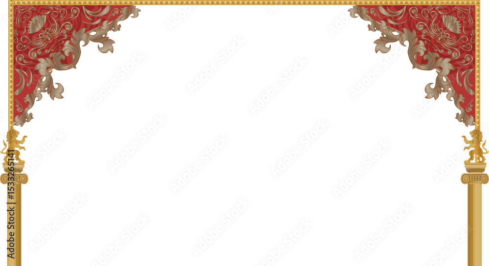 Naklejka premium Vector archway featuring red valance gold cornice winged lion golden columns transparent backdrop