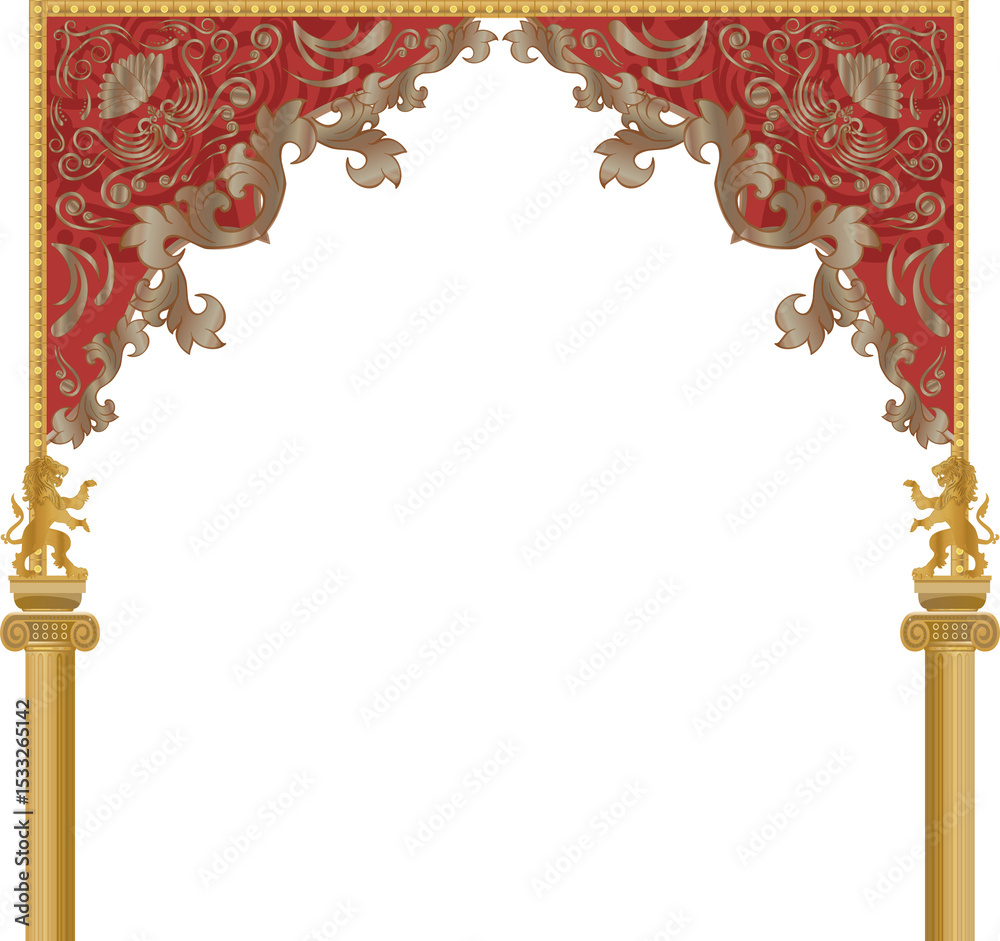 Naklejka premium Theatre frame flat design showcasing lion sculptures and red swag on transparent field