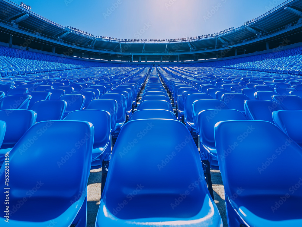 Naklejka premium Empty Blue Stadium Seats Under a Bright Sky for Sporting Events