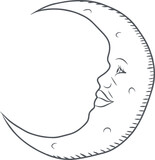 Line art crescent moon is curling with face, hatch marks, crater dots on transparent background