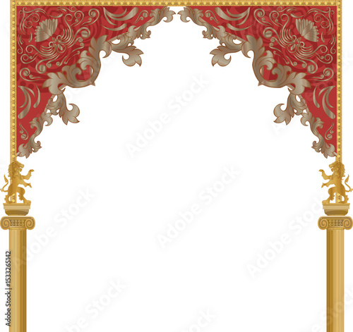 Fototapeta Naklejka Na Ścianę i Meble -  Theatre frame flat design showcasing lion sculptures and red swag on transparent field