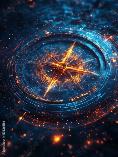 Glowing compass rose in cosmic space.  Fantasy art, navigation, direction, adventure.