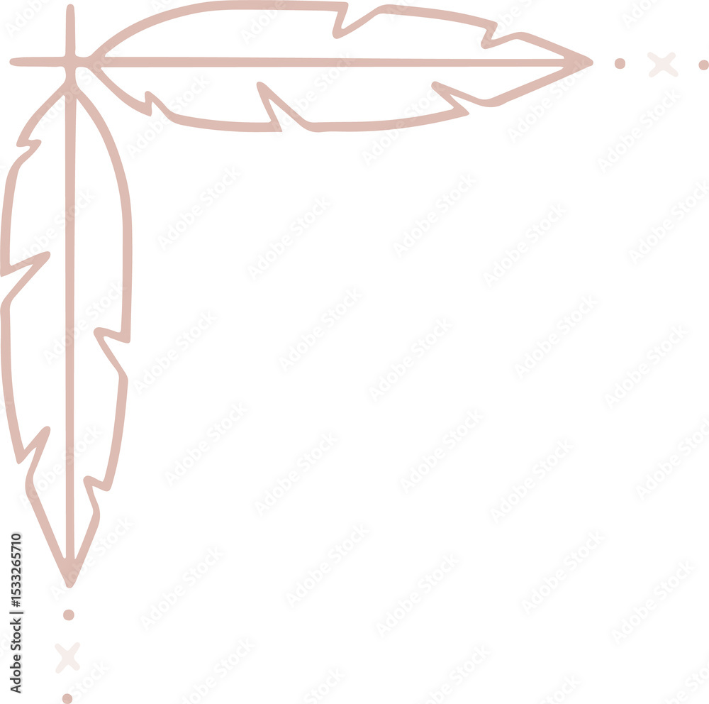 Fototapeta premium Stylized feathers are forming L-shape flat vector corner with dots and X on transparent background