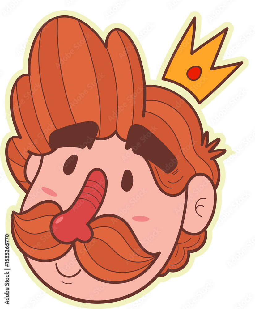 Naklejka premium Cartoon male head is floating on transparent backdrop with red hair mustache hovering gold crown