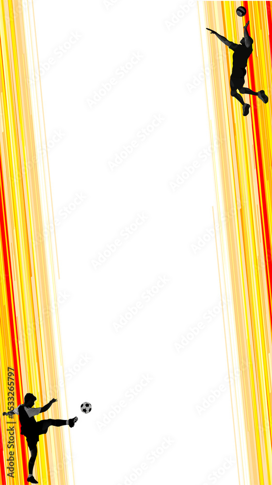 Naklejka premium Vector soccer duo kicking and jumping against yellow-red gradient bands with transparent background
