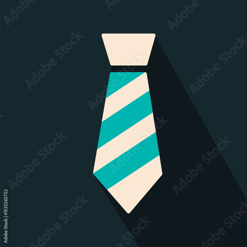 Stylized vector necktie is casting drop shadow on transparent backdrop with teal and cream stripes