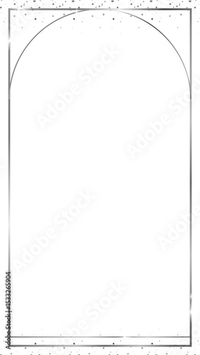 Flat design silver arched frame is floating on transparent field with scattered dot and star glints